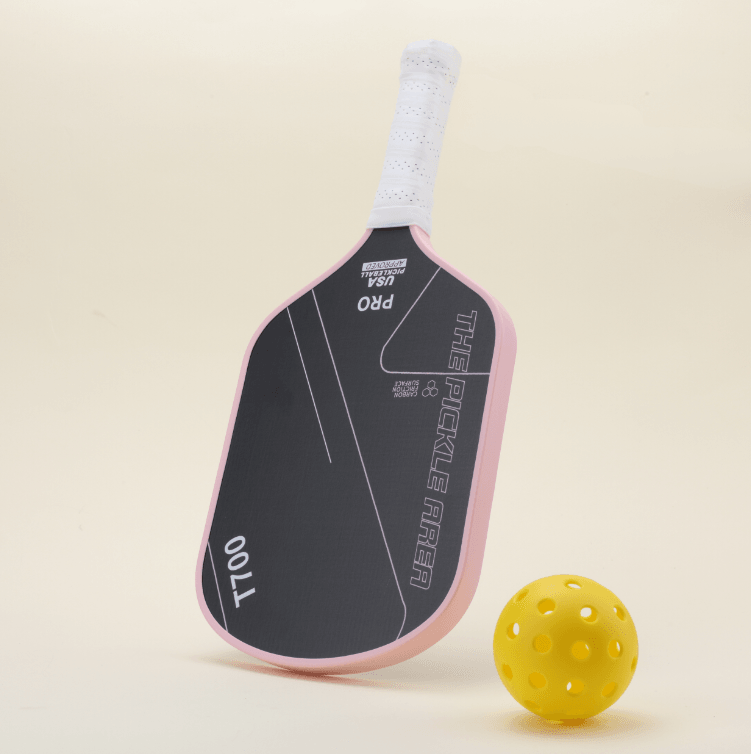 Affordable T700 Black and Pink color pickleball paddle side by side 1 yellow hybrid pickleball.