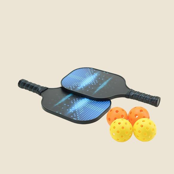 Digital Pixel Design Pickleball Paddle Set including 2 paddles, 4 pickleballs, 2 paddle covers, and 1 black carry bag.