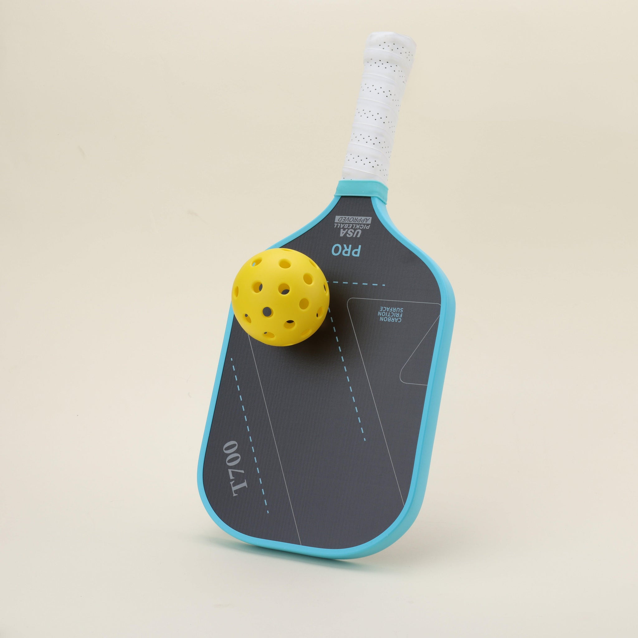 Expert-level pickleball paddle featuring a vibrant blue design representing passion, complemented by bold black accents conveying strength, paired with a yellow hybrid pickleball. The striking color combination blends style with functionality.