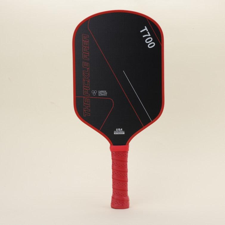 Front view of the T700 Carbon Fiber pickleball paddle, featuring a bold red-and-black color combination with geometric line patterns, designed for a modern, powerful look. Ideal for players seeking both aesthetics and high performance.
