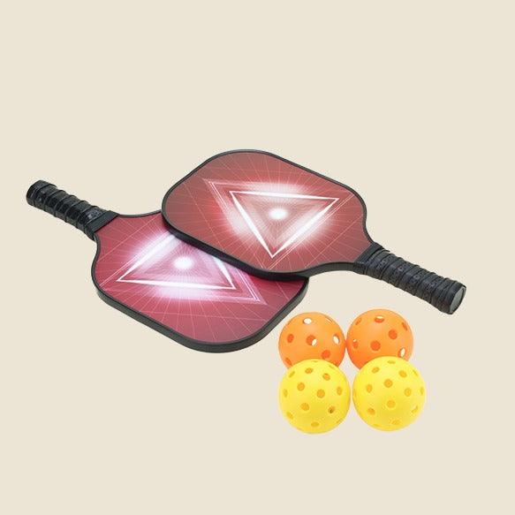 Geometric Red Design Pickleball Paddle Set with 2 minimalistic, stylish paddles featuring a classic mesh pattern and black finish, 4 yellow pickleballs, 2 black Smash Pickleball branded paddle covers, and 1 black carry bag, ideal for both recreational and competitive play.