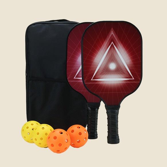 Geometric Red Design Pickleball Paddle Set with a minimalistic design, 4 pickleballs (2 yellow and 2 orange), and 1 black Smash Pickleball branded carry bag, perfect for both recreational and competitive play.