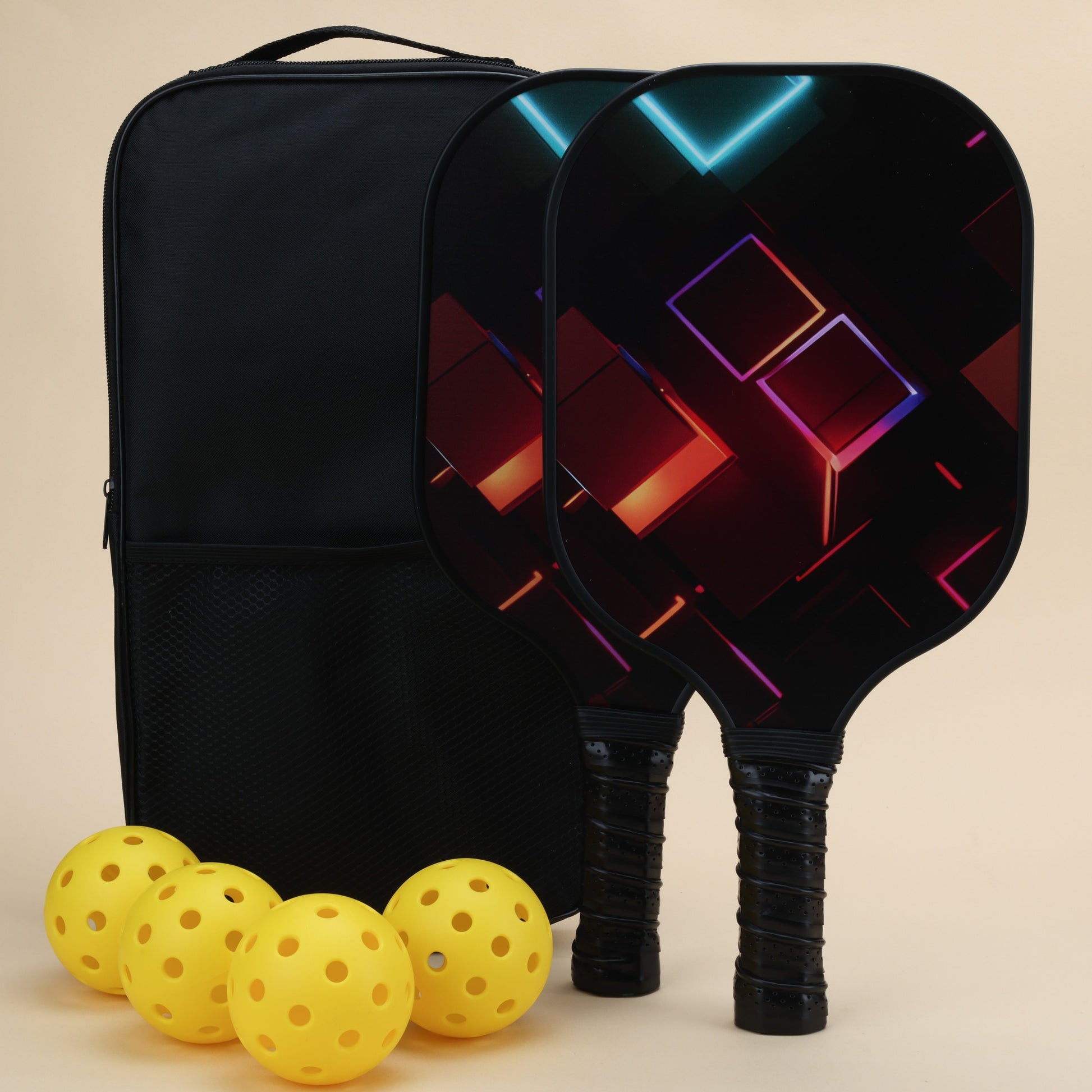 "Smash Pickleball fiery design carbon fiber paddles set with ergonomic handles, a black backpack, and yellow pickleballs."

