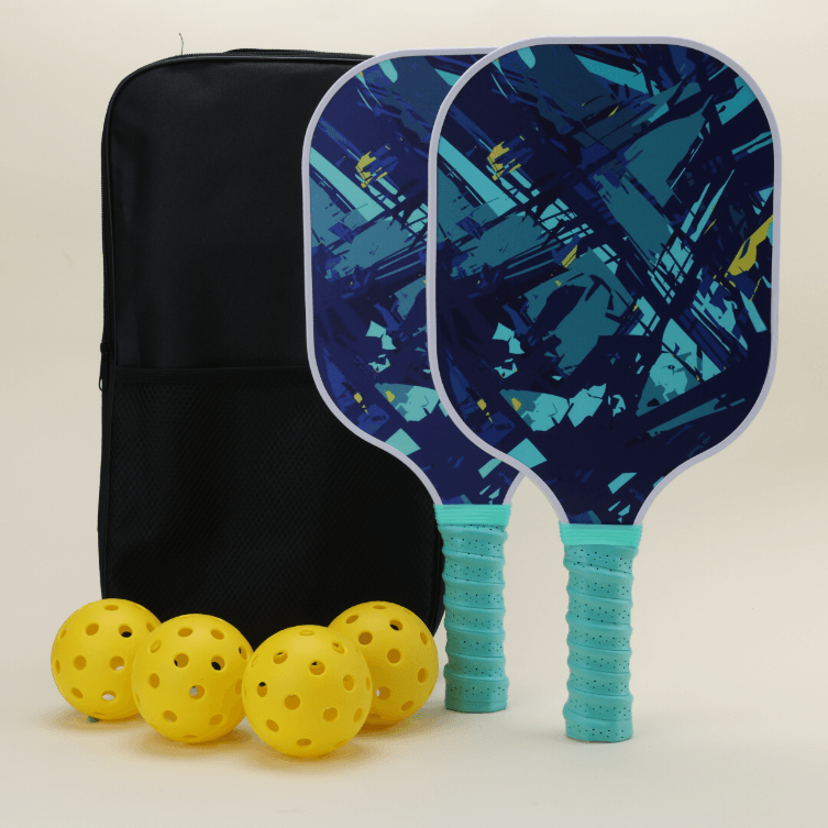 Two pickleball paddles featuring a unique blue abstract pattern, full of modern flair and energy, accompanied by four yellow pickleballs, and a black pickleball carry bag, all arranged to showcase a vibrant and stylish set.