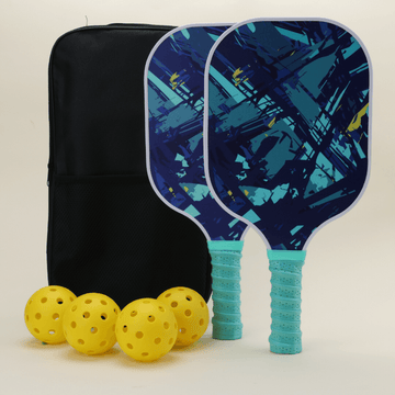 Two pickleball paddles featuring a unique blue abstract pattern, full of modern flair and energy, accompanied by four yellow pickleballs, and a black pickleball carry bag, all arranged to showcase a vibrant and stylish set.