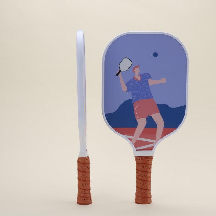 Two pickleball paddles featuring vibrant, fun, sports-themed patterns in bold colors, with one shown from the side view and the other from the front view, arranged side by side.