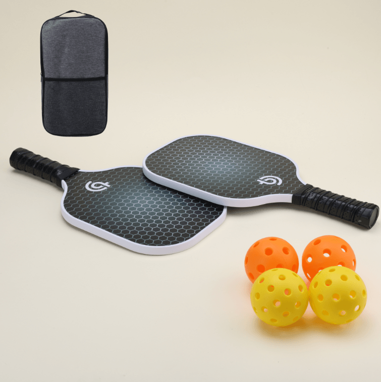 USA-approved pickleball set including 2 paddles, 4 yellow pickleballs, 2 paddle covers, and 1 black carry bag.