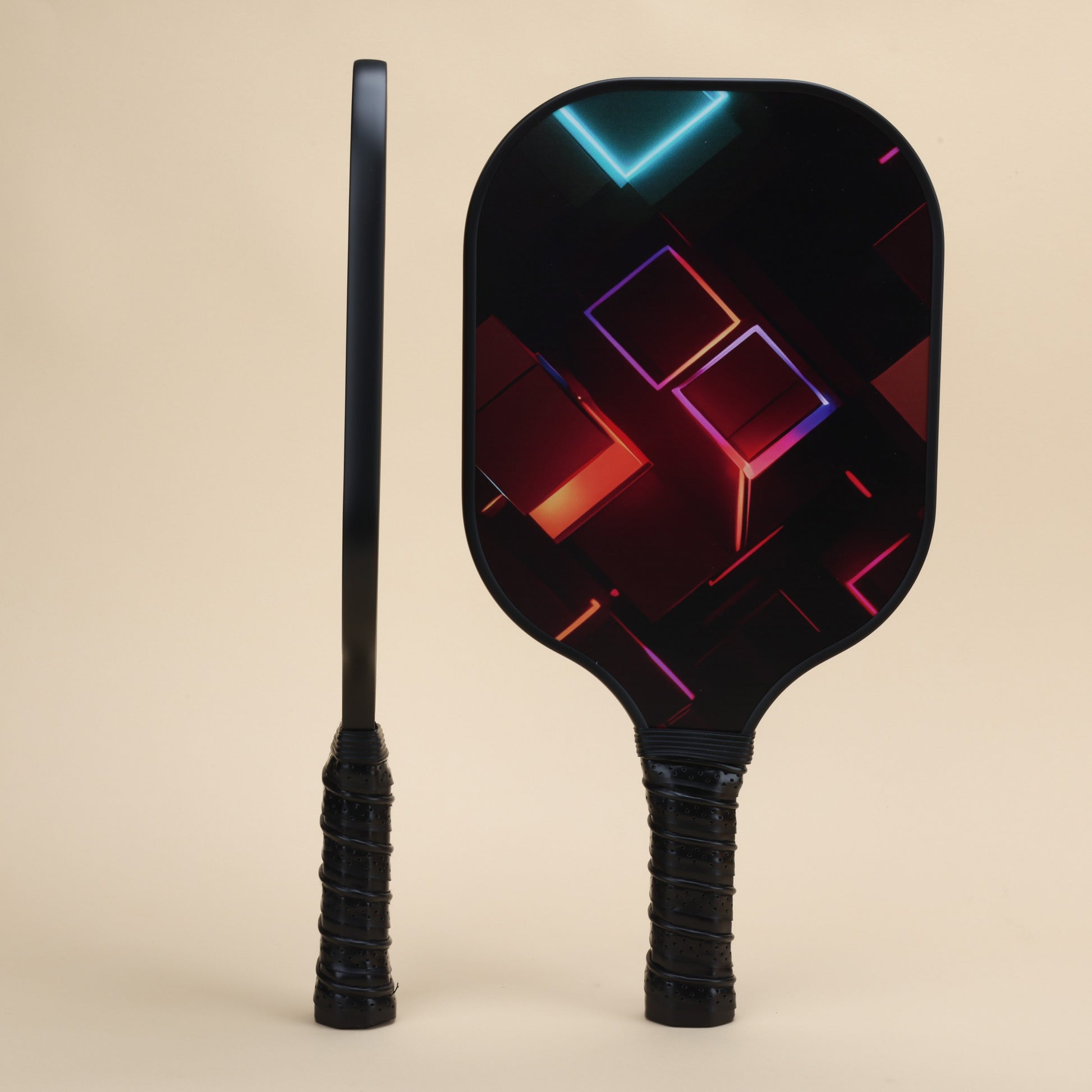 "High-quality pickleball paddle featuring a sleek, modern design with glowing geometric patterns on the surface, perfect for advanced players. Ideal for competitive and recreational pickleball games."